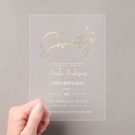 Minimalistisch goud Elegant Script 70e verjaardag Acryl Uitnodigingen (Insitu (Draagbaar))