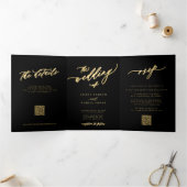 Minimalistisch gouden script alles in één zwarte b drieluik uitnodiging (Binnen)