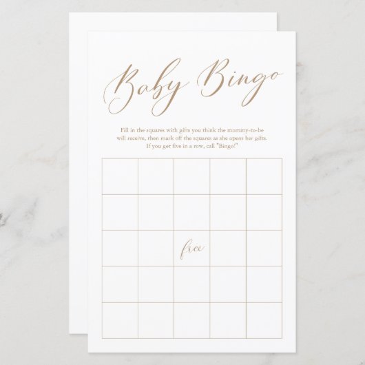 Minimalistisch goudkalligrafie Bingo Baby shower (Voorkant / Achterkant)
