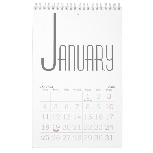 Minimalistisch grijs en wit kalender (Jan 2026)