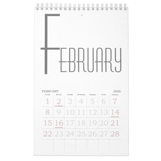 Minimalistisch grijs en wit kalender (Feb 2026)