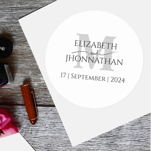 Minimalistisch grijs monogram bruiloft ronde sticker