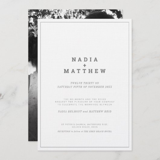 Minimalistisch grijs witte, verticale tekstfotobru kaart (Voorkant / Achterkant)