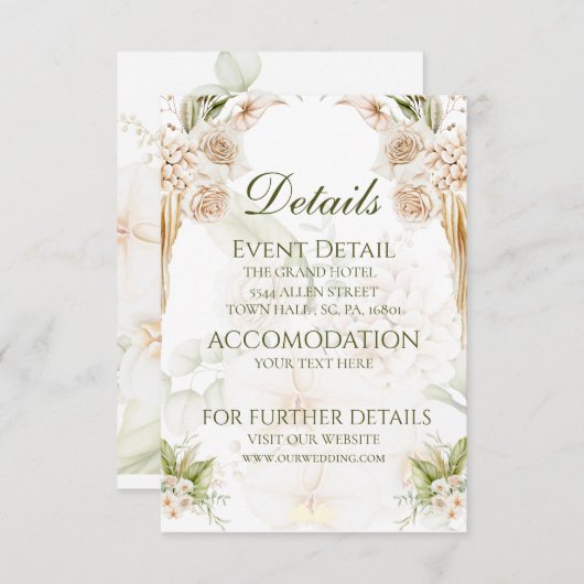 Minimalistisch groen beige bloemenbruiloft details bedankkaart (Voorkant / Achterkant)