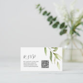 Minimalistisch groen blad bruiloft QR-code RSVP Informatiekaartje (Staand voorkant)