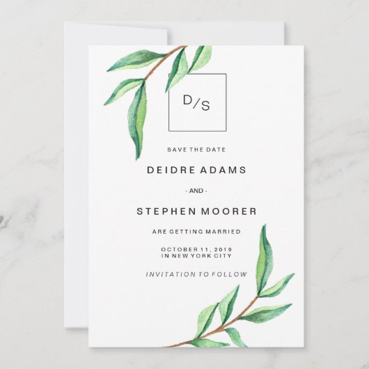 Minimalistisch groen blad met foto Save the Date (Voorkant)