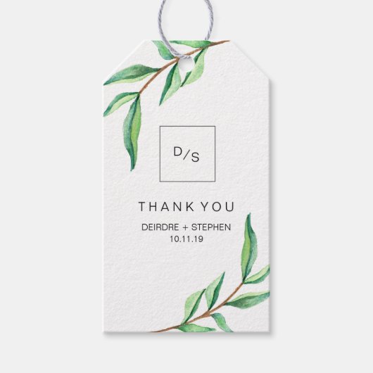 Minimalistisch groen blad op wit dank u cadeaulabel (Voorkant)