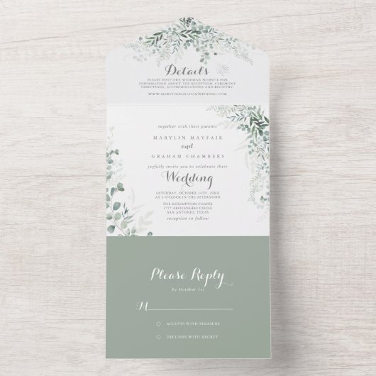 Minimalistisch groen eucalyptus bruiloft all in one uitnodiging (Binnen)