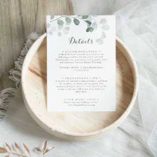 Minimalistisch groen eucalyptus bruiloft details informatiekaartje