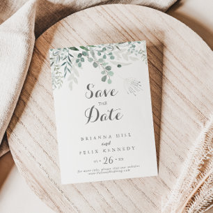 Minimalistisch groen eucalyptus bruiloft save the date