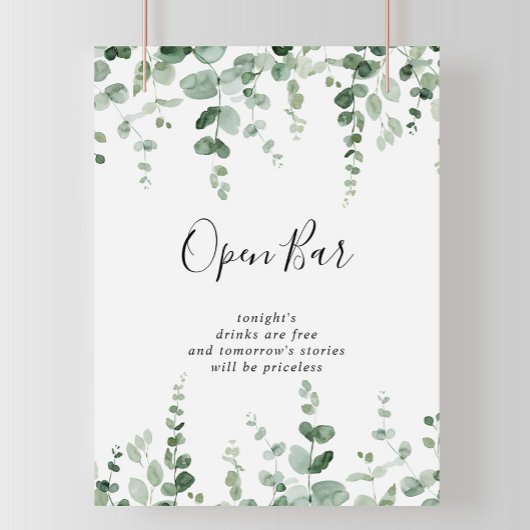Minimalistisch groen eucalyptus huwelijks open bar poster