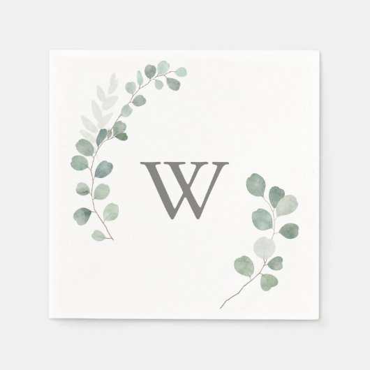 Minimalistisch groen eucalyptus monogram bruiloft servet (Voorkant)