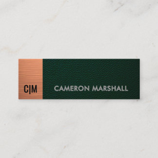 Minimalistisch groen leer monogram koperen accent mini visitekaartje