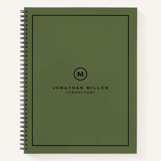 Minimalistisch groen olive-monogram notitieboek (Voorkant)