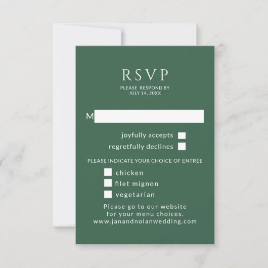 Minimalistisch. Groene bruiloft RSVP Met Maaltijd (Voorkant)
