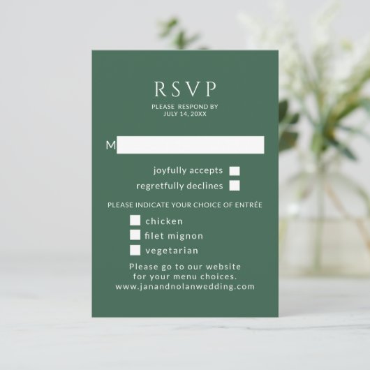 Minimalistisch. Groene bruiloft RSVP Met Maaltijd (Staand voorkant)