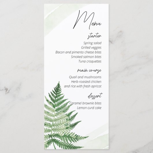 Minimalistisch Groene Varen Bruiloft Menu (Voorkant)