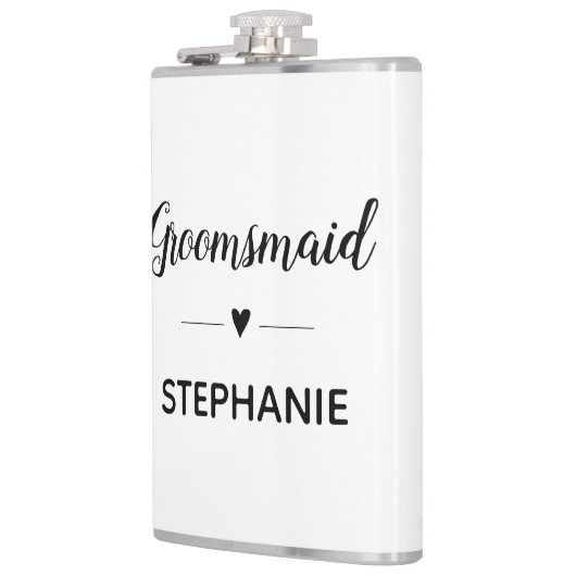 Minimalistisch Groomsmaid met naam script bruiloft Heupfles (Links)