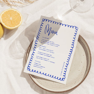 Minimalistisch handgeschreven blauw Frans bruiloft Menu