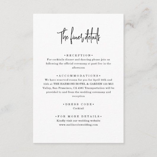 Minimalistisch handgeschreven script bruiloft deta informatiekaartje (Voorkant)