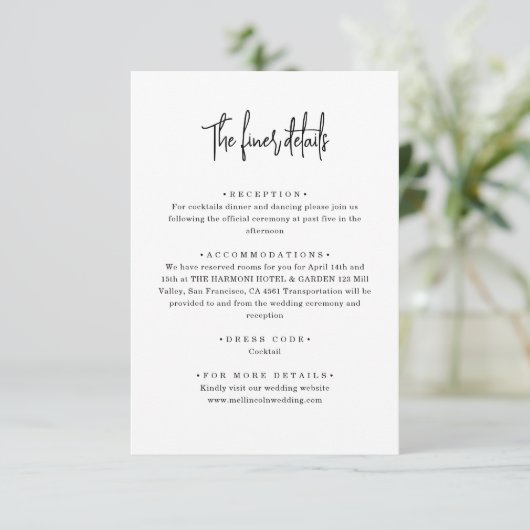 Minimalistisch handgeschreven script bruiloft deta informatiekaartje (Staand voorkant)
