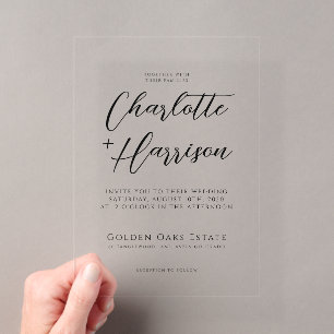 Minimalistisch handgeschreven script bruiloft tran acryl uitnodigingen