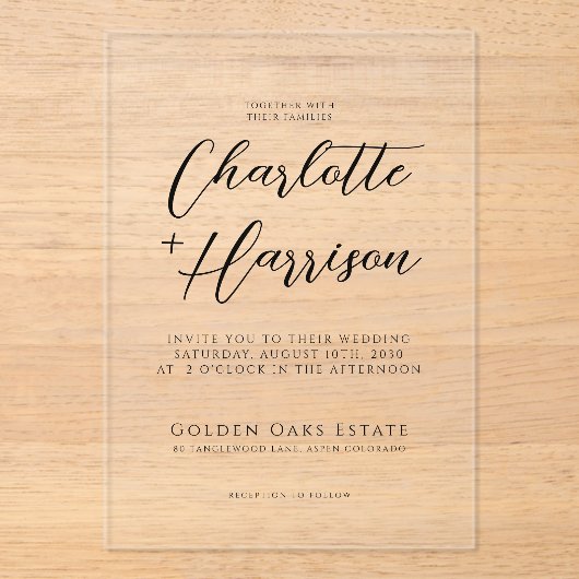 Minimalistisch handgeschreven script bruiloft tran acryl uitnodigingen (Voorkant)