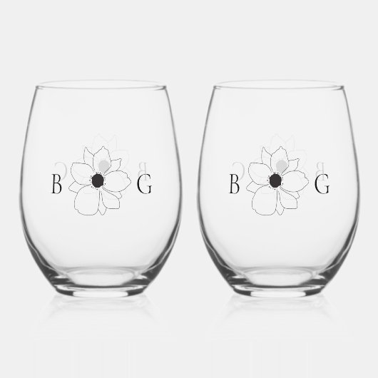 Minimalistisch handgetekend wildbloemenmonogram vo wijnglas zonder voet (Voorkant)