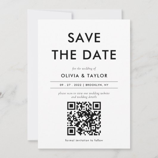 Minimalistisch hedendaagse QR-code bruiloft Save The Date (Voorkant)