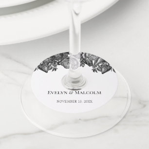 Minimalistisch huwelijk tussen zwarte en witte roz wijnglaslabel