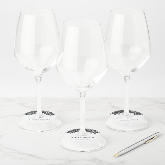 Minimalistisch huwelijk tussen zwarte en witte roz wijnglaslabel (Set)