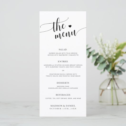 Minimalistisch huwelijksdiner en bedankkaart menu (Staand voorkant)