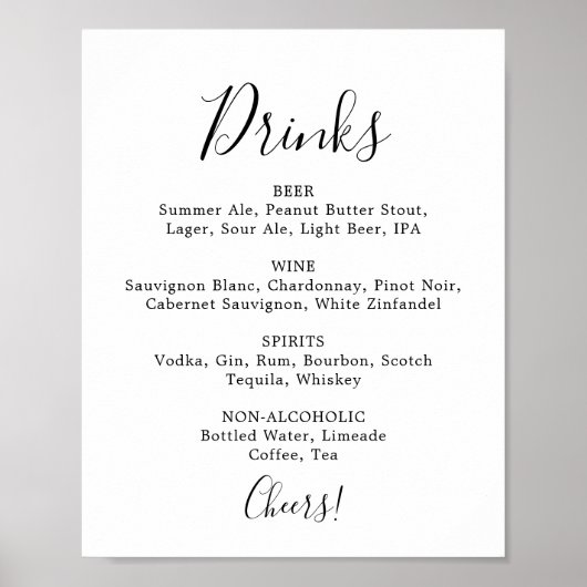 Minimalistisch huwelijksdrankjesmenu bord poster (Voorkant)