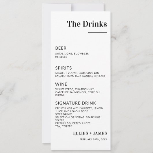 Minimalistisch huwelijksdrankjesmenu Modern drankm Kaart (Voorkant)