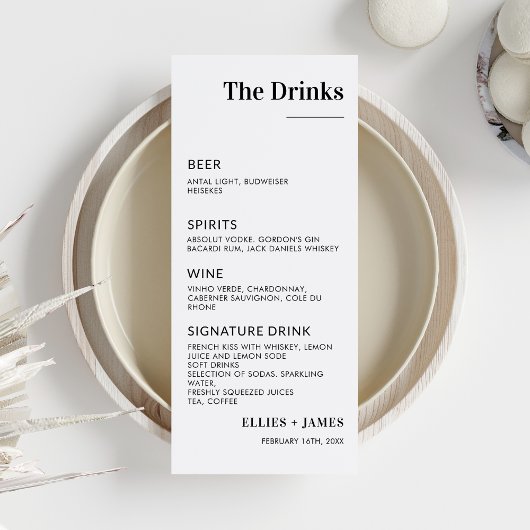 Minimalistisch huwelijksdrankjesmenu Modern drankm Kaart