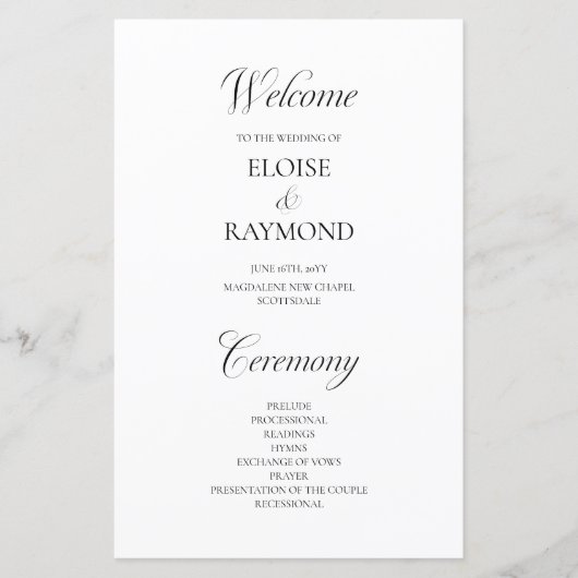 Minimalistisch kalligrafie wit bruiloft programma (Voorkant)