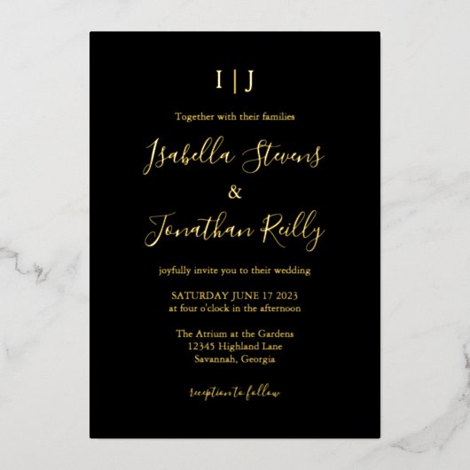 Minimalistisch klassiek monogram huwelijk zwart go folie uitnodiging (Voorkant)