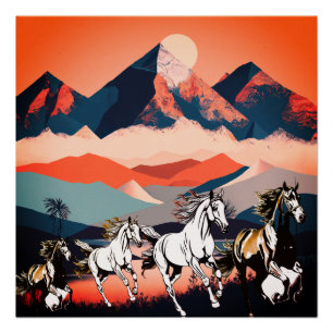 Minimalistisch landschap bergen & hardlooppaard - perfect poster