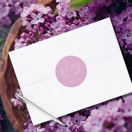 Minimalistisch lavendel seringen Monogram Trouwfee Ronde Sticker
