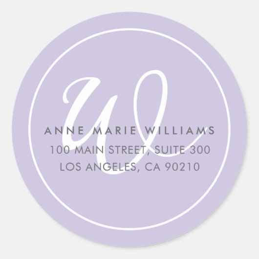 Minimalistisch Lavendel Witte Script Rand Monogram Ronde Sticker (Voorkant)