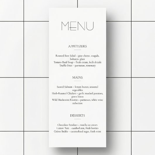 Minimalistisch licht restaurant- of trouwmenu programma