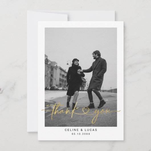 Minimalistisch liefdeshartsscript bruiloft Foto be Bedankkaart (Voorkant)