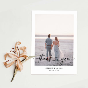 Minimalistisch liefdeshartsscript bruiloft foto bedankkaart