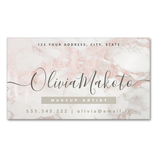 Minimalistisch Luxe Script Marble Pink Design Magnetisch Visitekaartje (Voorkant)