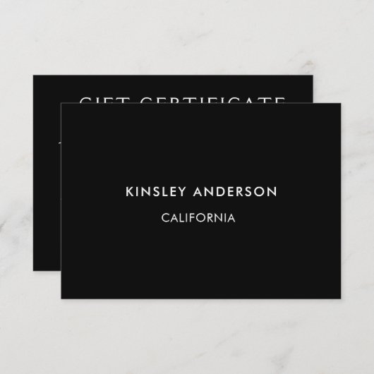 Minimalistisch luxe zwart cadeaubon (Voorkant / Achterkant)