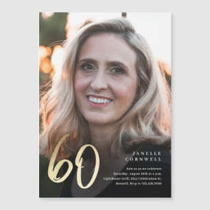 Minimalistisch Manuscript Black en Gold 60th Birth Magnetische Uitnodiging