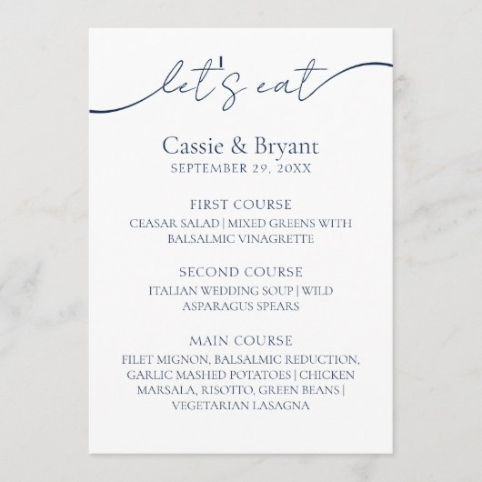 Minimalistisch marineblauw modern script bruiloft  menu (Voorkant)