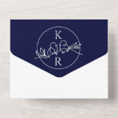 Minimalistisch marinemaand blauw huwelijk all in one uitnodiging (Achterkant)