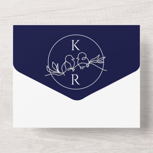 Minimalistisch marinemaand blauw huwelijk all in one uitnodiging (Achterkant)