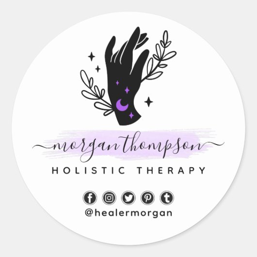 Minimalistisch massageheiki van de hand van de met ronde sticker (Voorkant)